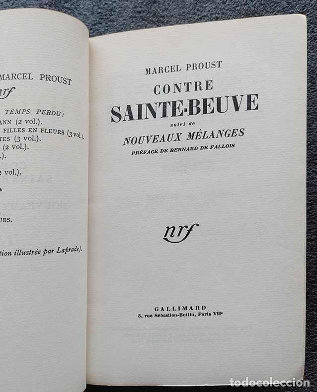 Libros de segunda mano: Contre Sainte-Beuve suivi de Nouveaux M&eacute;langes pr&eacute;face de Bernard de Fallois 1954