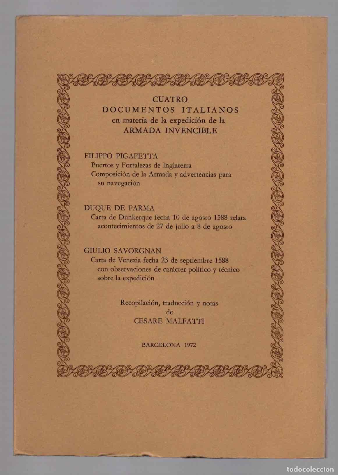 Libros de segunda mano: CUATRO DOCUMENTOS ITALIANOS EN MATERIA DE LA EXPEDICION DE LA ARMADA INVENCIBLE. 1972