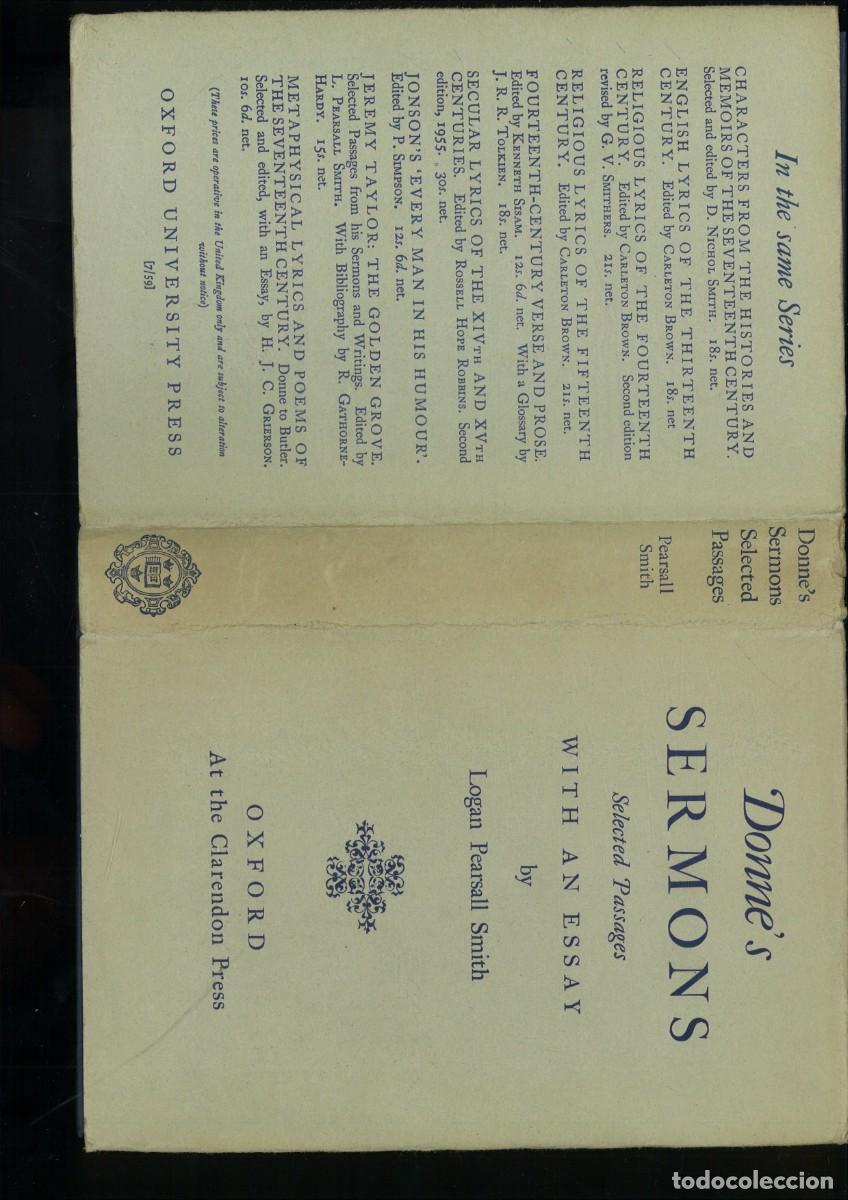 Libros de segunda mano: DONNEE'S SERMONS SELECTED PASSAGES WITH AN ESSAY. Logan Pearsall Smith