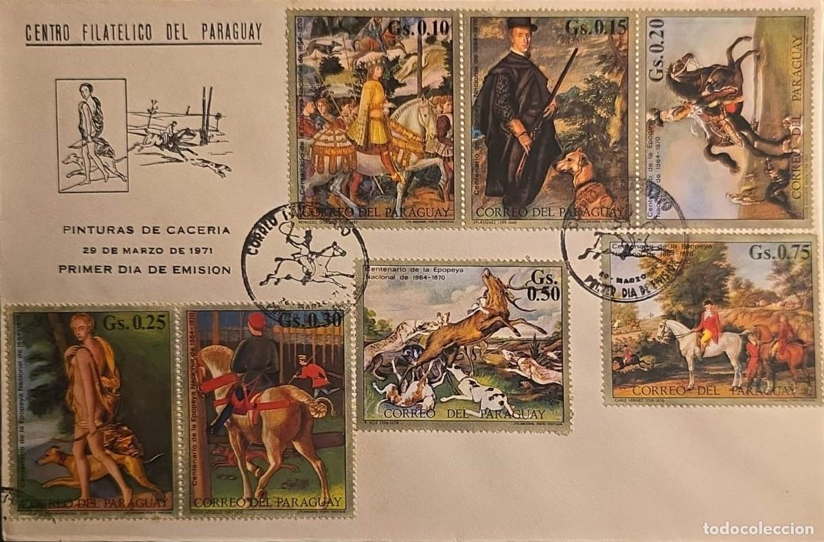 Libros de segunda mano: TS) 1971 PARAGUAY, FDC, CENTENNIAL OF THE NATIONAL EPIC,HUNTING IN PAINTING STAMPS,VF.