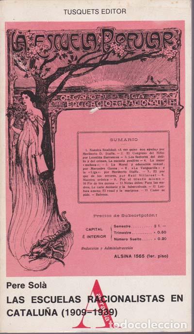 Libros de segunda mano: SOLA, Pere - LAS ESCUELAS RACIONALISTAS EN CATALU&Ntilde;A (1909 - 1939) - Barcelona 1976