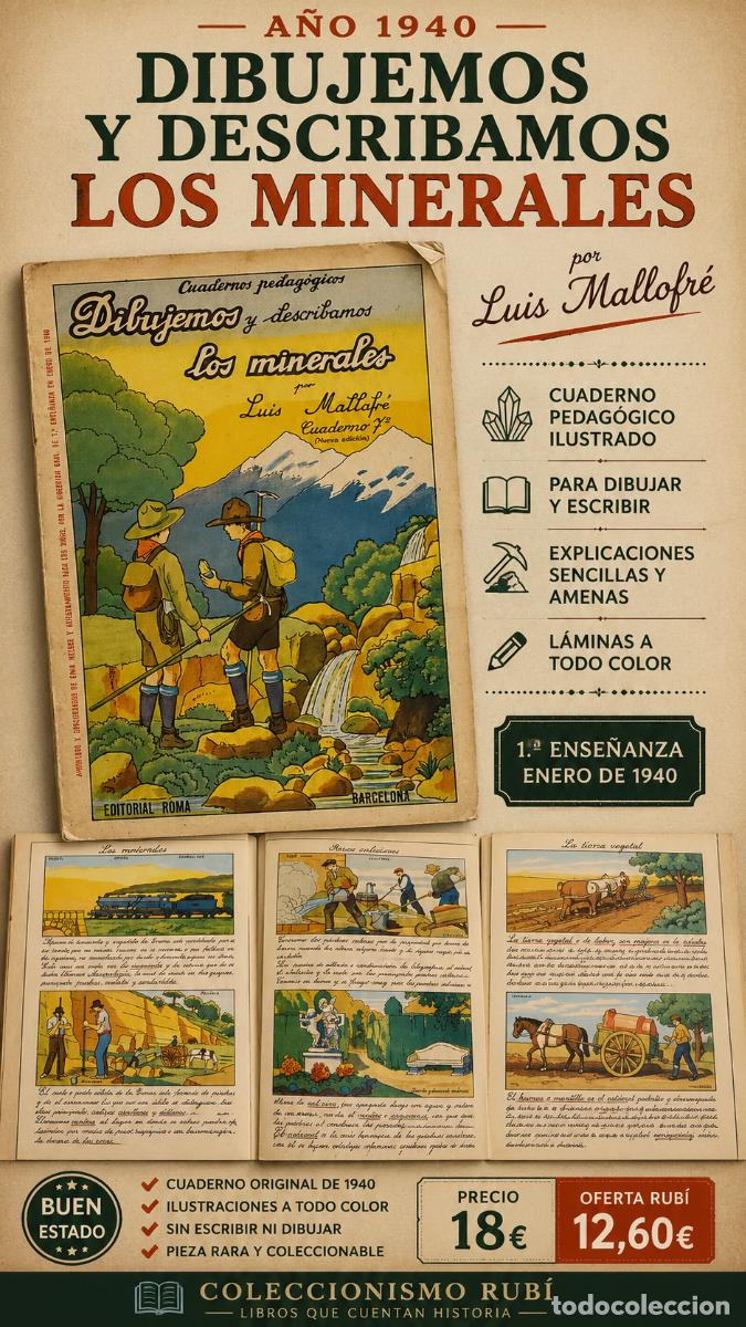 Libros de segunda mano: DIBUJEMOS Y DESCRIBAMOS LOS MINERALES | LUIS MALLOFR&Eacute; | ED: ROMA-1940 | CUADERNO PEDAG&Oacute;GICO.