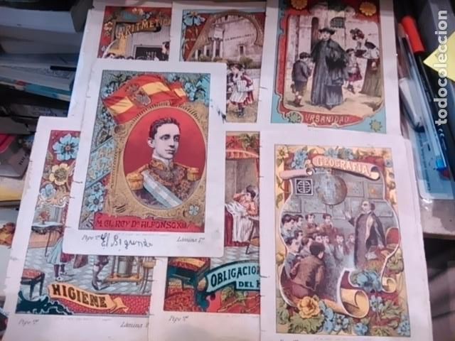 Libros de segunda mano: 8 CROMOLITOGRAFIAS del a&ntilde;o 1910 pertenecientes a un libro de texto