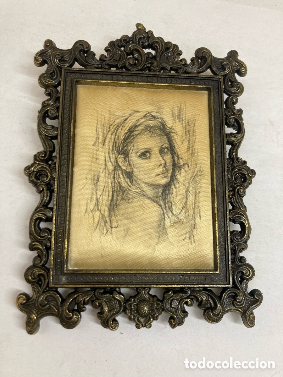 Libri di seconda mano: dibujo a l&aacute;piz sobre seda con marco ornamental metal antiguo /XY16