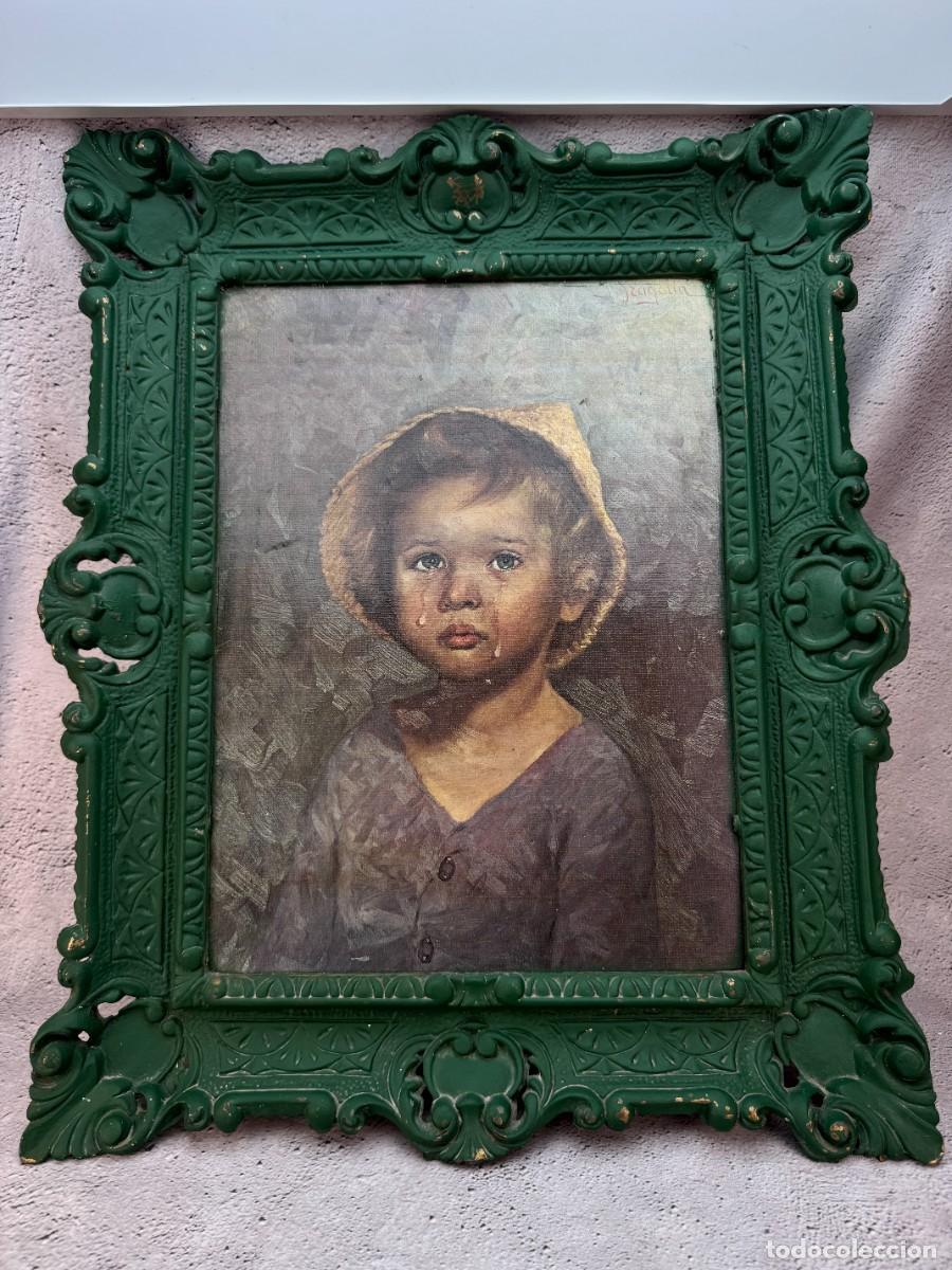 Libros de segunda mano: Pintura vintage &laquo;Ni&ntilde;o llorando&raquo; al estilo de Giovanni Bragolin, a&ntilde;os 1950&ndash;1970, &oacute;leo sobre lienzo