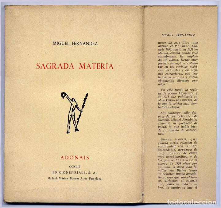 Libros de segunda mano: FERN&Aacute;NDEZ, Miguel.  Sagrada materia. 1967. - Foto 1