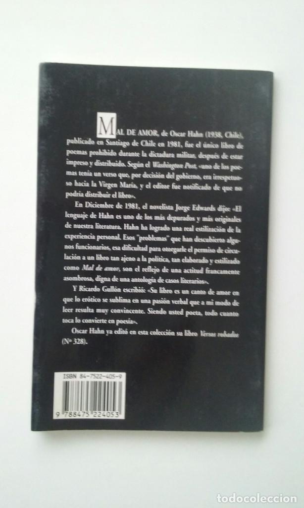 Libros de segunda mano: Mal de amor - Oscar Hahn - Foto 2