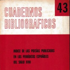 Libros de segunda mano: ÍNDICE DE LAS POESÍAS PUBLICADAS EN LOS PERIÓDICOS ESPAÑOLES DEL SIGLO XVIII (CSIC 1981) SIN USAR. Lote 284598023