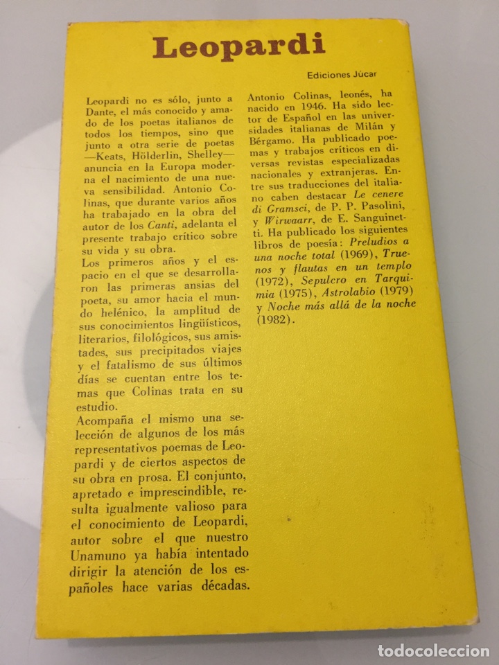Libros de segunda mano: Libro Leopardi. Antonio Colinas - Foto 2