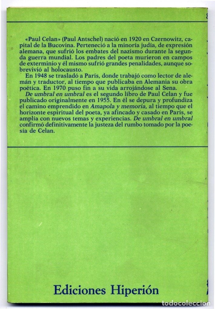 Libros de segunda mano: CELAN, Paul.  De umbral en umbral. 1985. - Foto 2