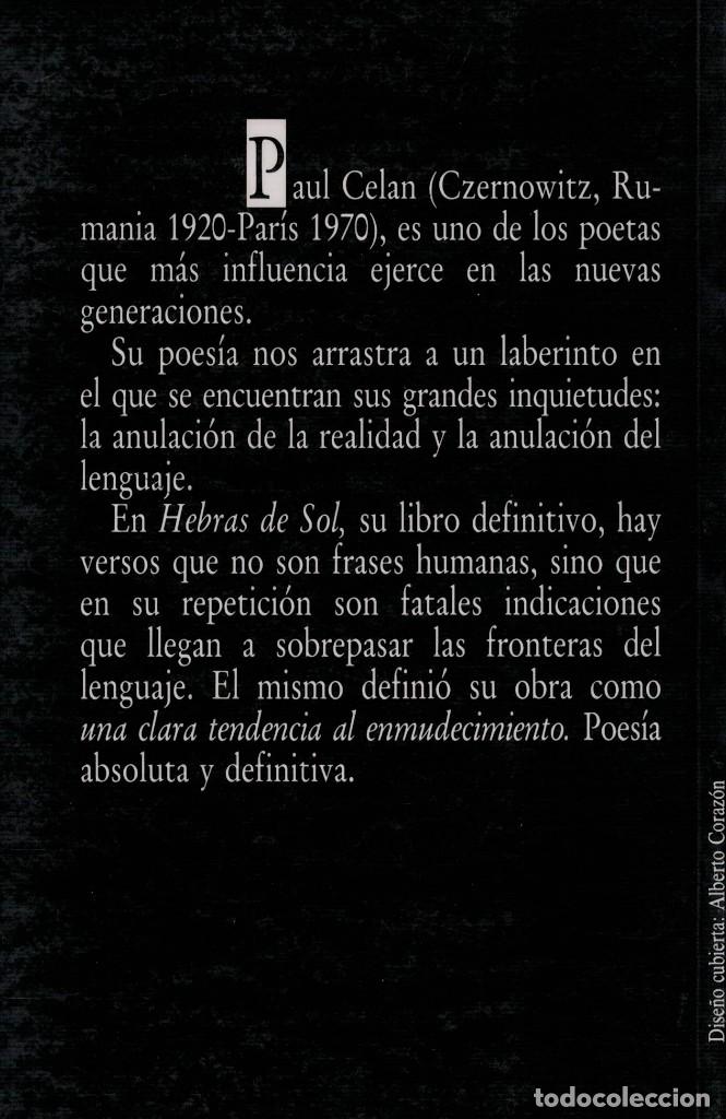 Libros de segunda mano: Paul Celan, Hebras de sol / Visor 1990. Primera 1&ordf; edici&oacute;n - Foto 2