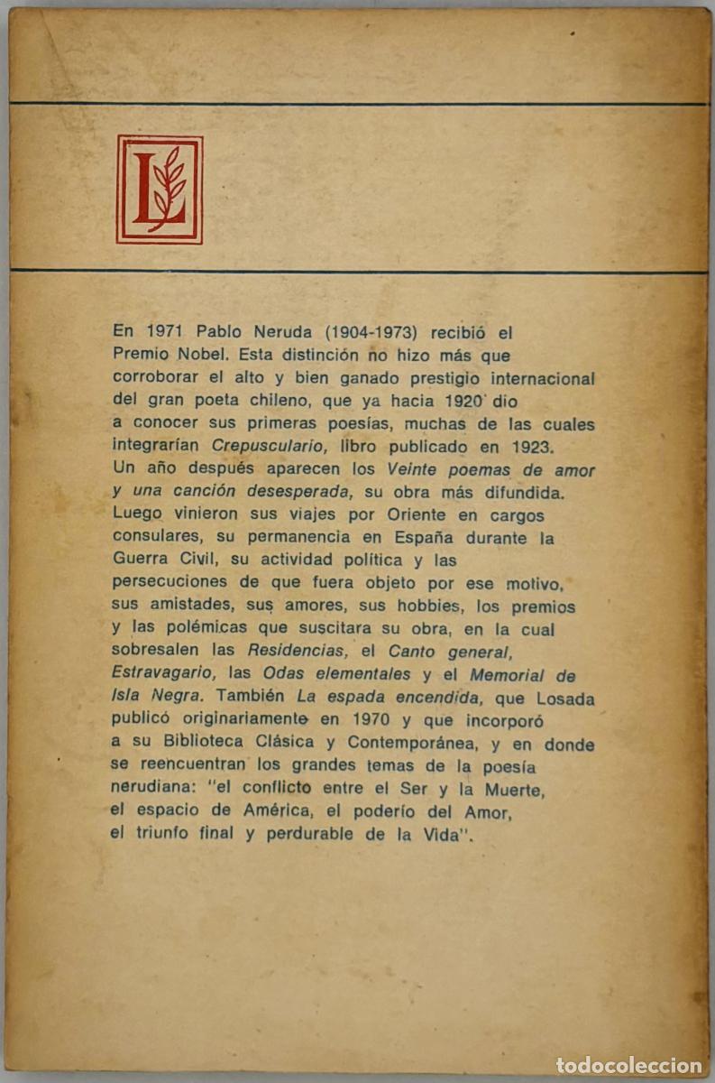 Libros de segunda mano: La espada encendida - Pablo Neruda - Foto 2