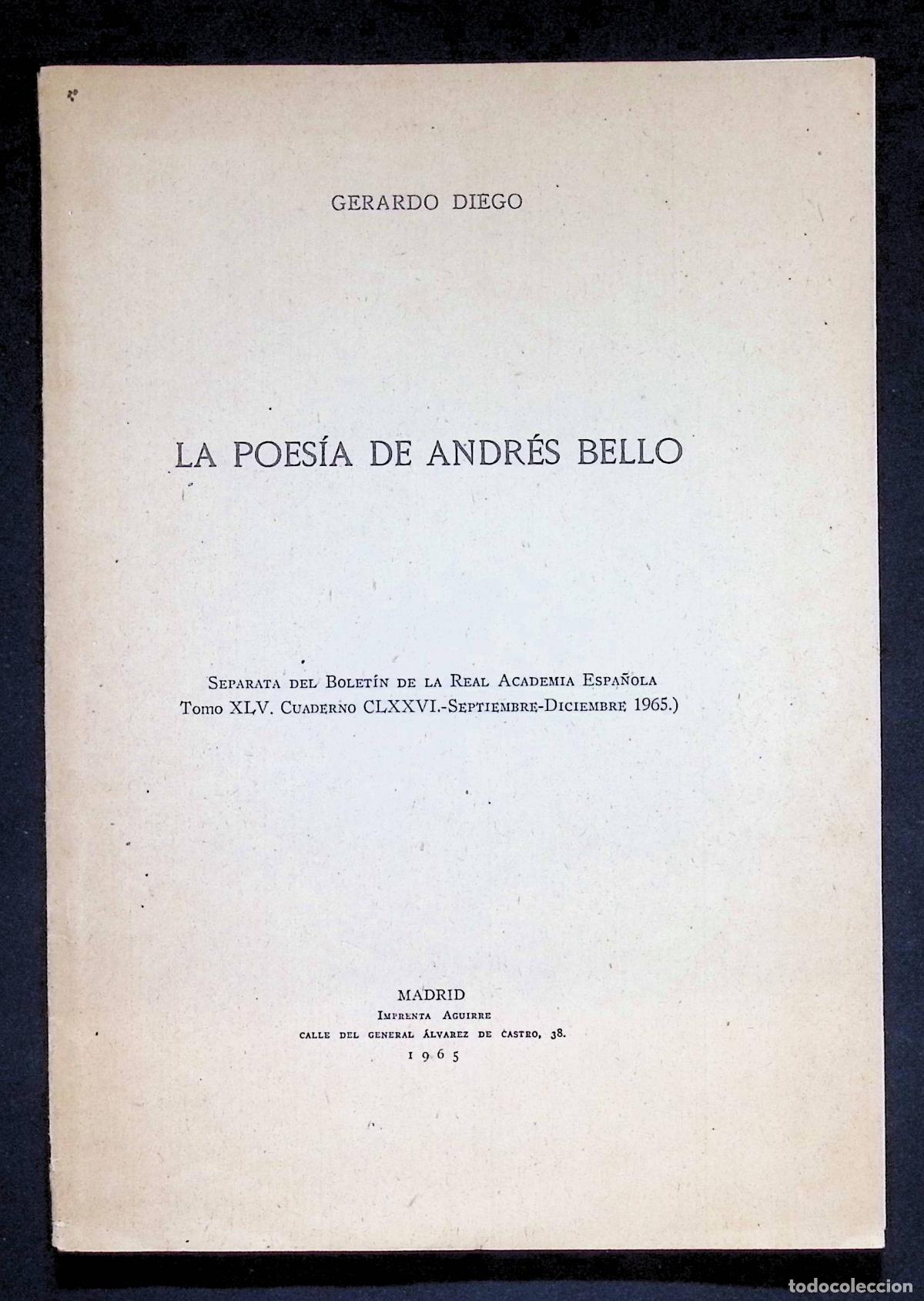 Libros de segunda mano: LA POES&Iacute;A DE ANDR&Eacute;S BELLO. Separata. - DIEGO, Gerardo.