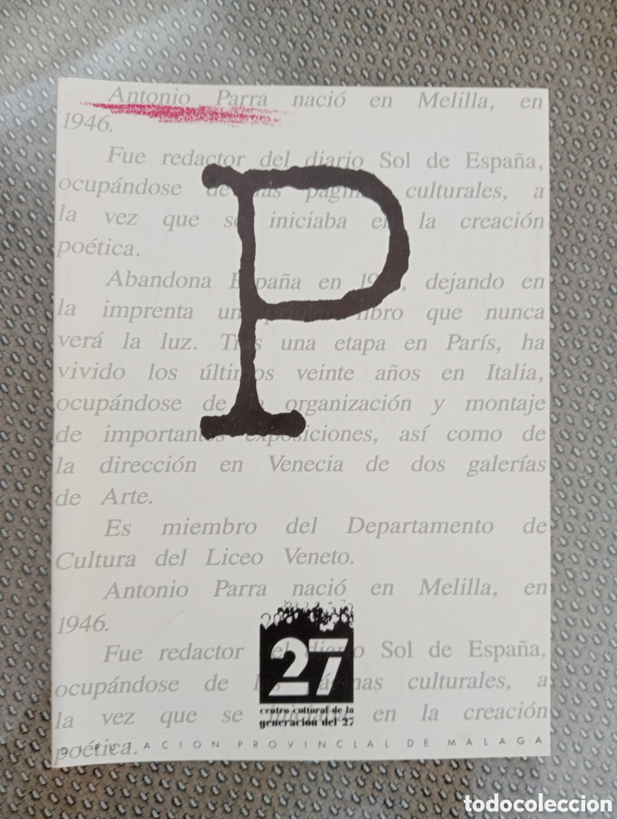 Libros de segunda mano: Antonio Parra. Centro Cultural de la Generaci&oacute;n del 27. Diputaci&oacute;n de M&aacute;laga