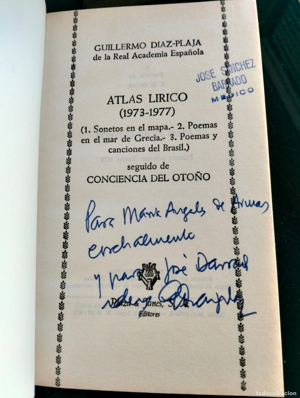 Libros de segunda mano: Dedicado. Diaz Plaja, Guillermo. Atlas Lirico, Seleccion de Poesias, 1978. VISITA MI CATALOGO, L55