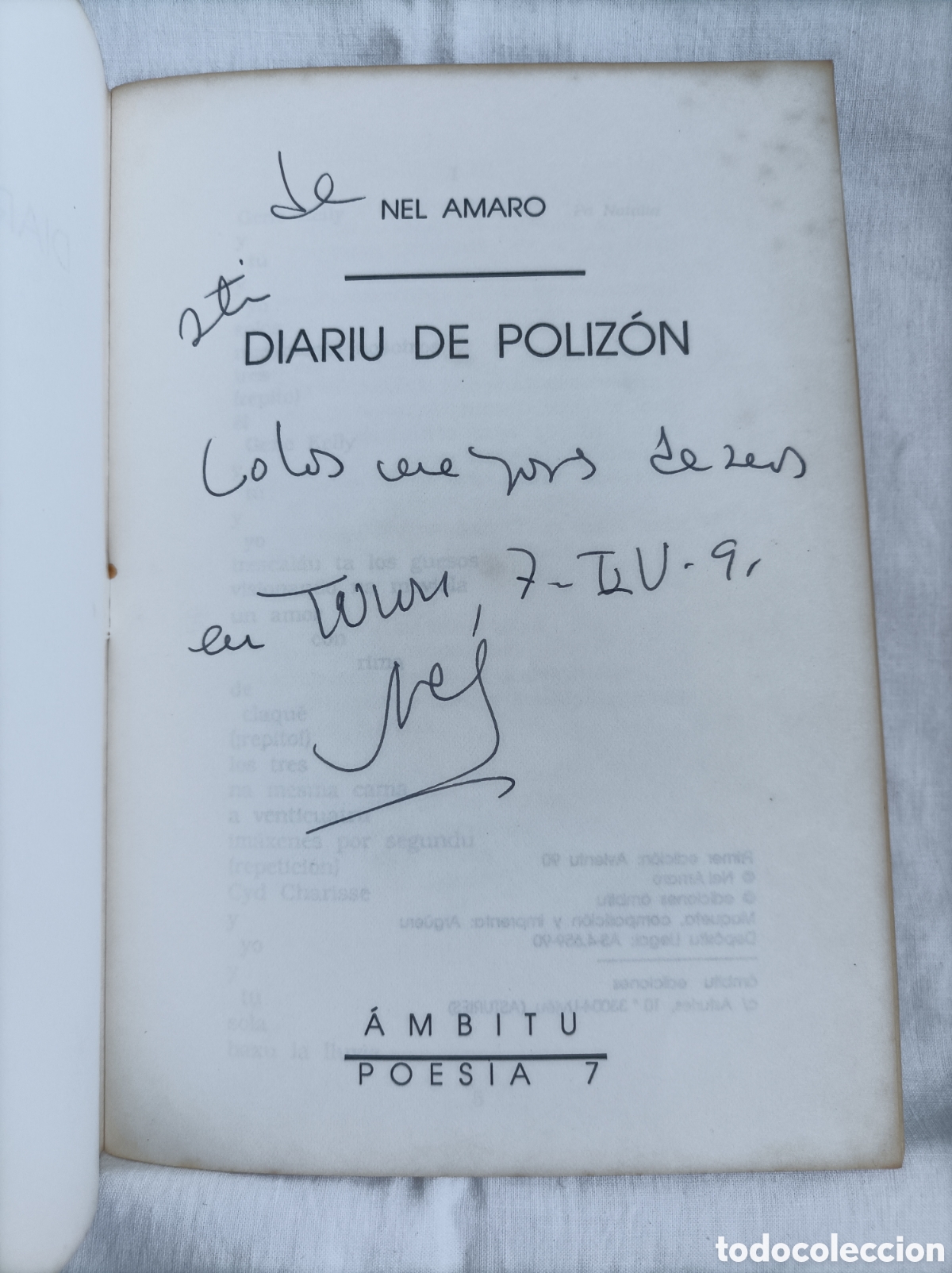 Libros de segunda mano: NEL AMARO. DIARIU DE POLIZ&Oacute;N. AMBITU POES&Iacute;A. 1990. Dedicado y firmado por el autor. ASTURIANO.