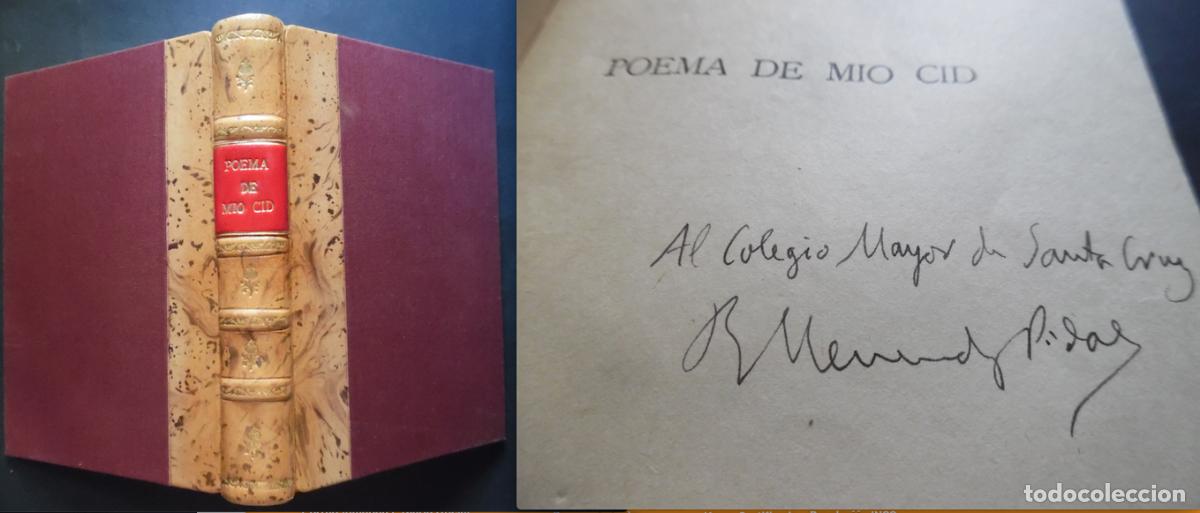 Libros de segunda mano: Ram&oacute;n Men&eacute;ndez Pidal firma a mano Poema de M&iacute;o Cid. Edici&oacute;n 1945, encuadernaci&oacute;n artesanal