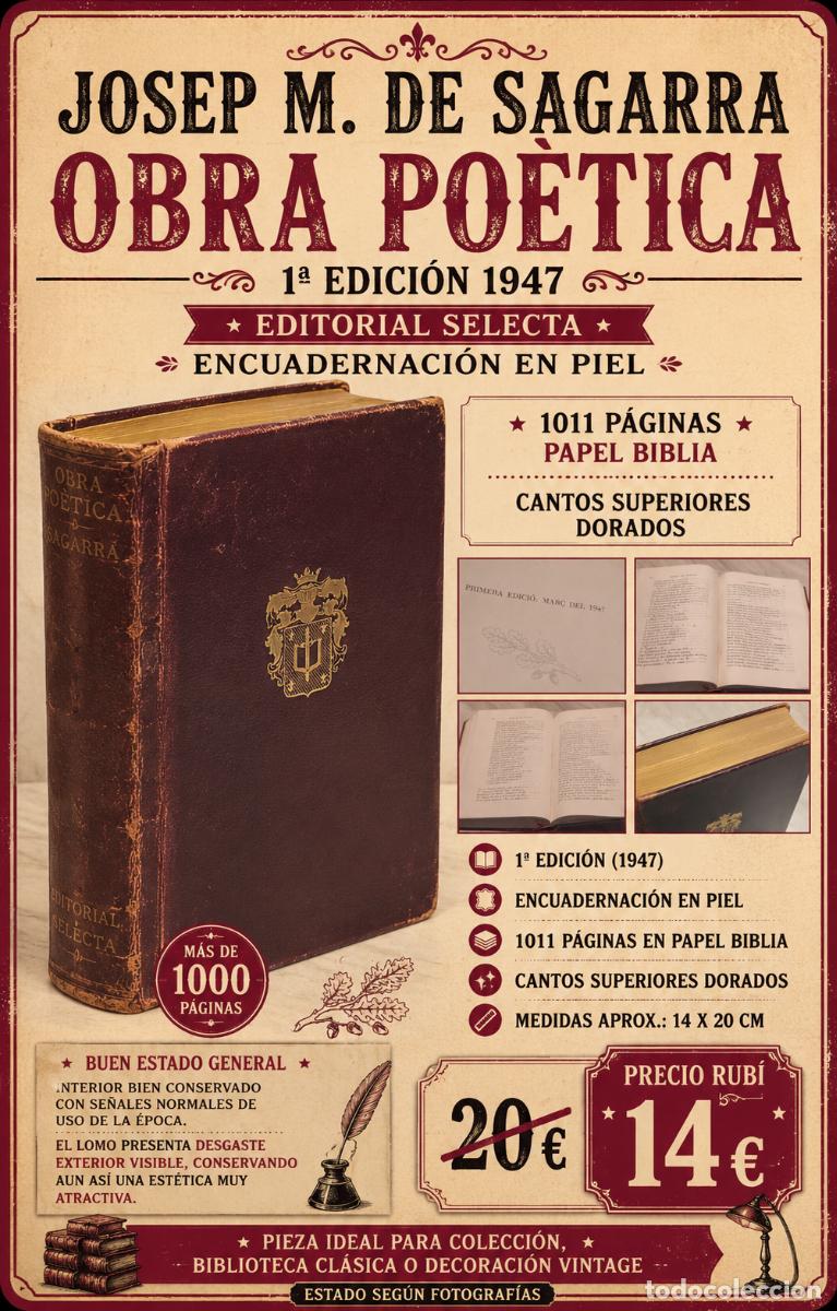 Libros de segunda mano: JOSEP M. DE SAGARRA | OBRA PO&Egrave;TICA | 1&ordf; EDICI&Oacute;N 1947 | EDITORIAL SELECTA | ENCUADERNACI&Oacute;N EN PIEL
