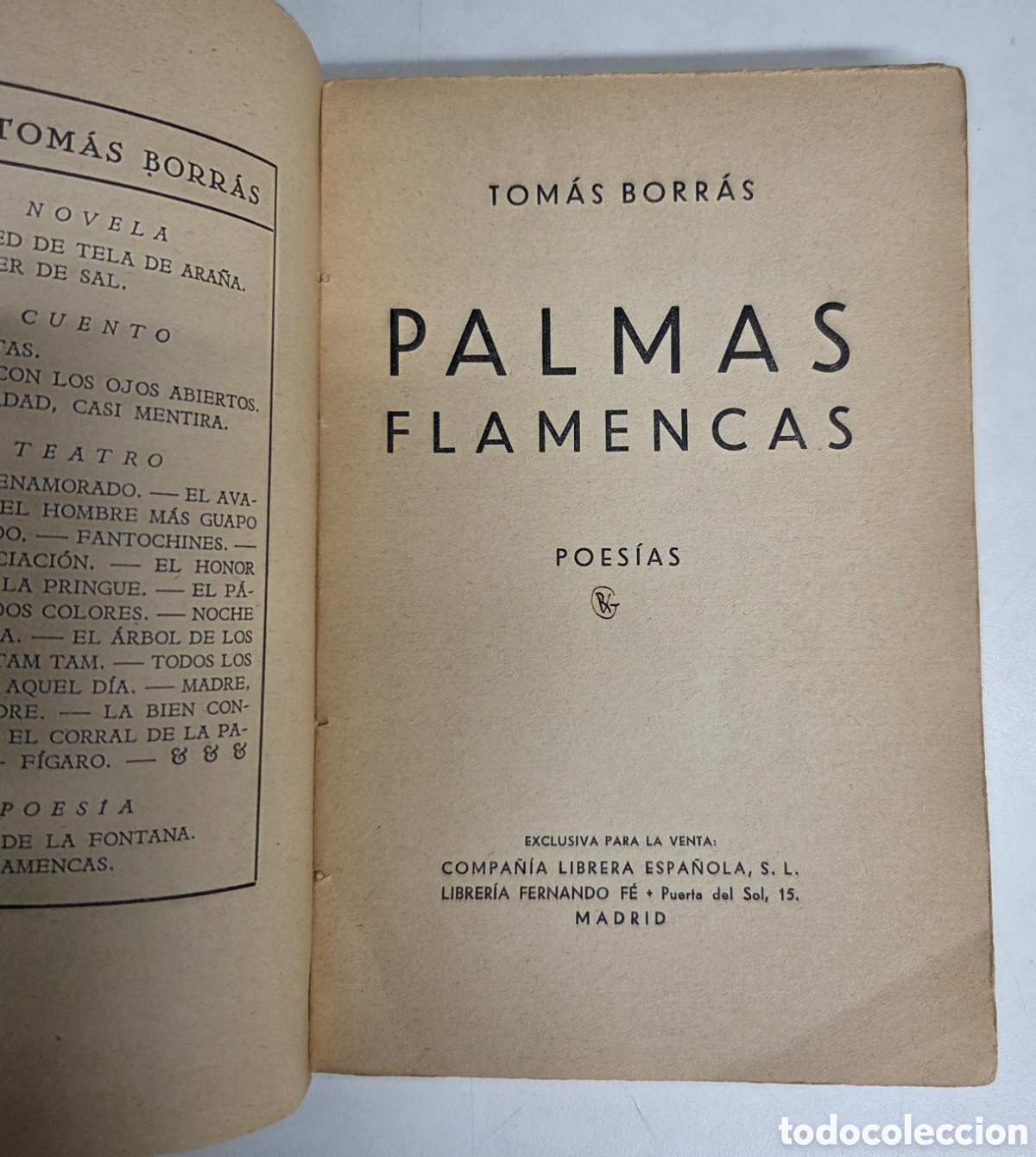 Livros em segunda m&atilde;o: PALMAS FLAMENCAS (Poesias). Tom&aacute;s Borr&aacute;s. 1936
