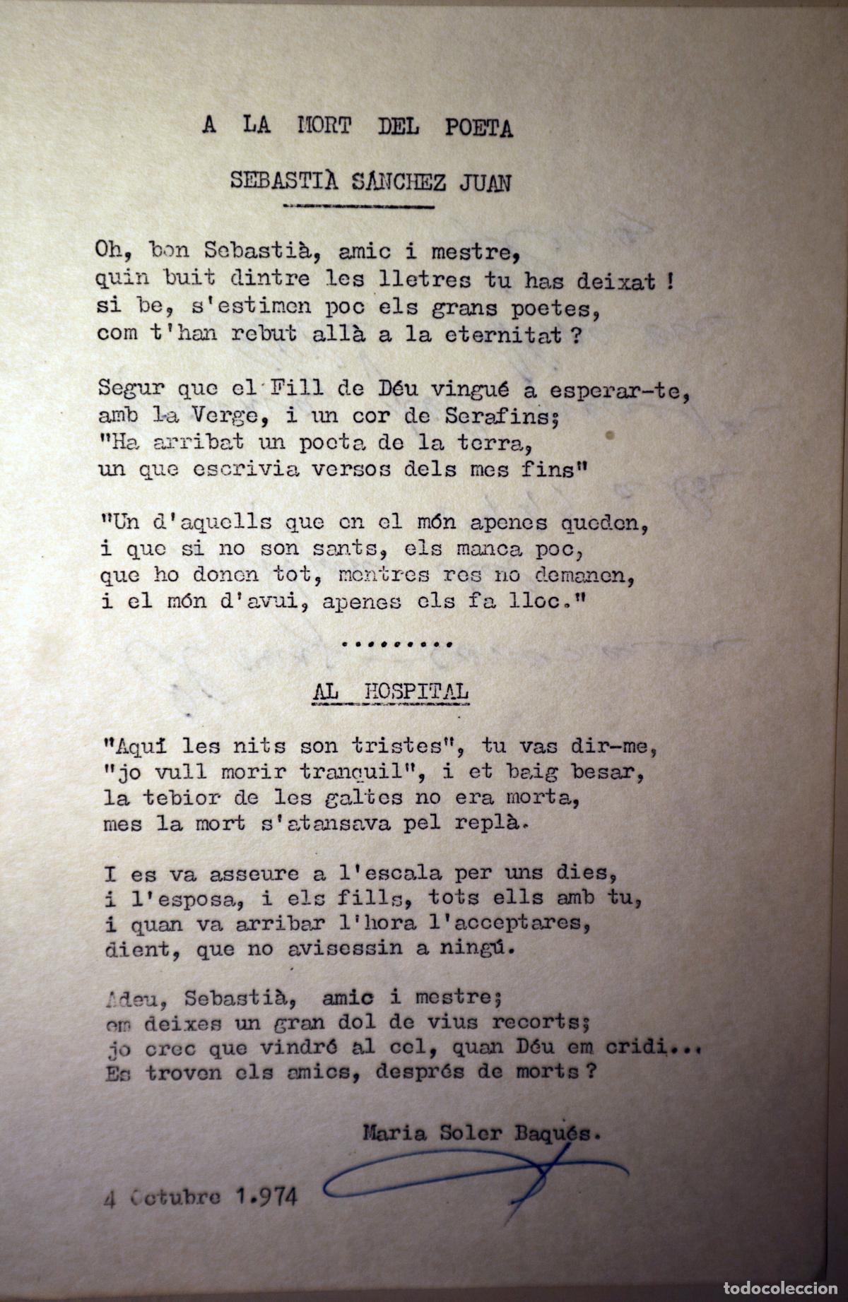Libros de segunda mano: SOLER BAQU&Eacute;S, Maria - FULL AMB DOS POEMES MECANOSCRITS, EN CATAL&Agrave;, A LA MORT DEL POETA SEBASTI&Agrave; S&Aacute;NC
