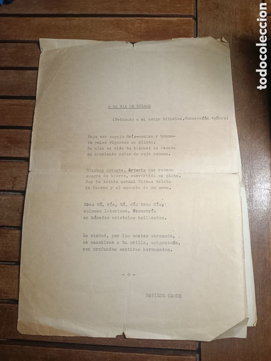Libros de segunda mano: Mecanoscrito Matilde Camus A la r&iacute;a de Bilbao Poema in&eacute;dito nunca publicado Premio Rosa de Oro 1982