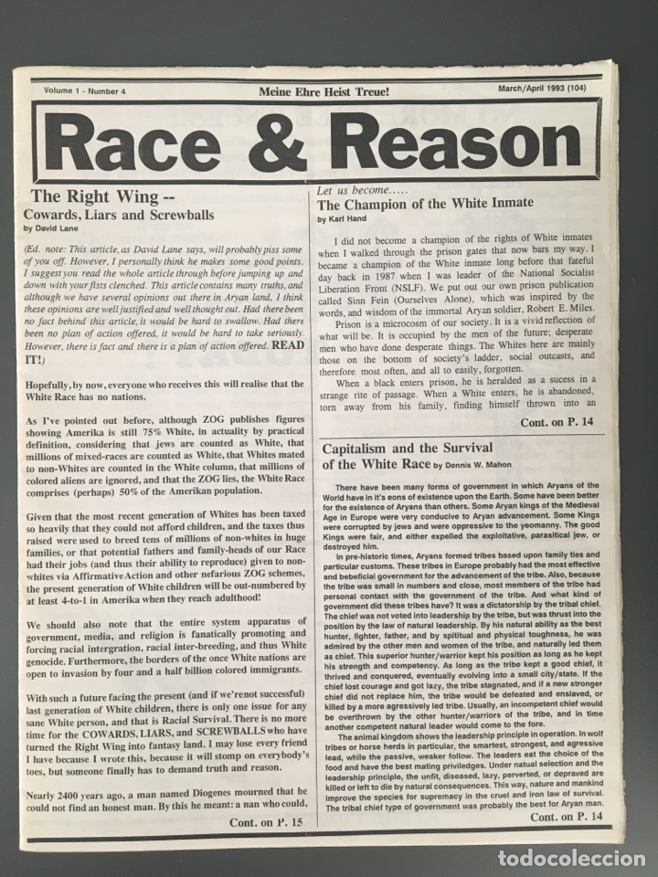 Libri di seconda mano: RACE & REASON. 1993 / Nacionalsocialista. Hitler.