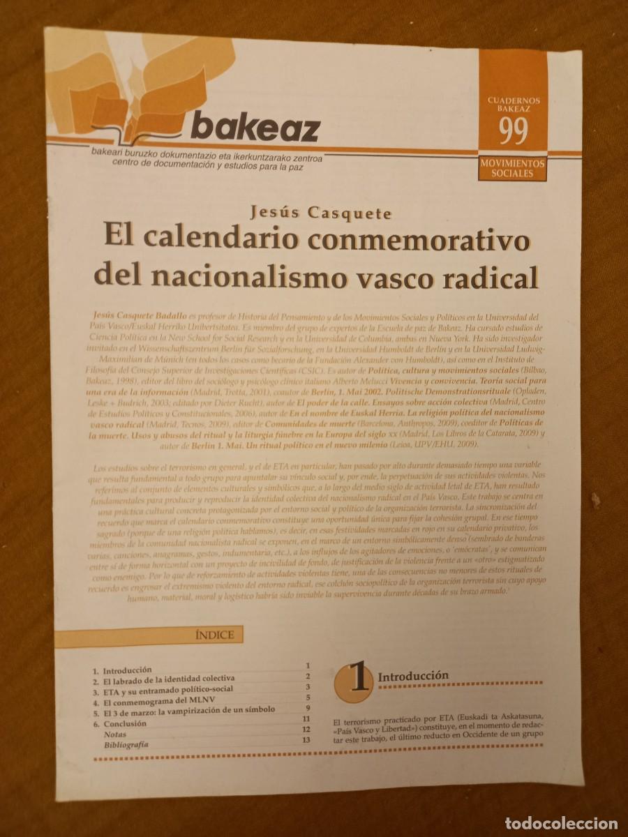 Libros de segunda mano: CALENDARIO CONMEMORATIVO DEL NACIONALISMO VASCO RADICAL. CUADERNOS BAKEAZ N&ordm; 99