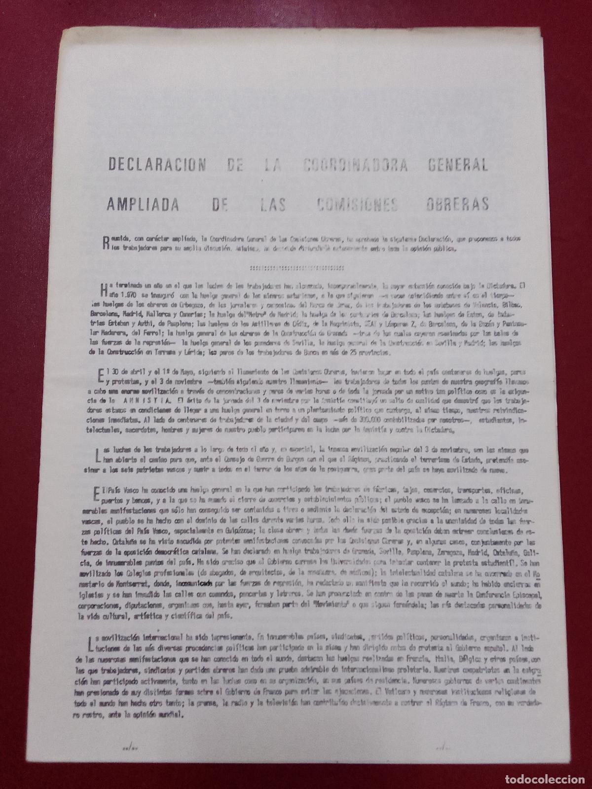Second hand books: VV.AA.: Declaraci&oacute;n de la Coordinadora General Ampliada de las Comisiones Obreras. Febrero 1971