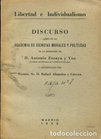 Livres d'occasion: LIBERTAD E INDIVIDUALISMO. - ZOZAYA Y YOU Antonio.