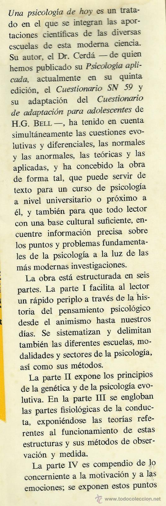 Libros de segunda mano: Una psicolog&iacute;a de hoy - E. Cerd&aacute; - Foto 2
