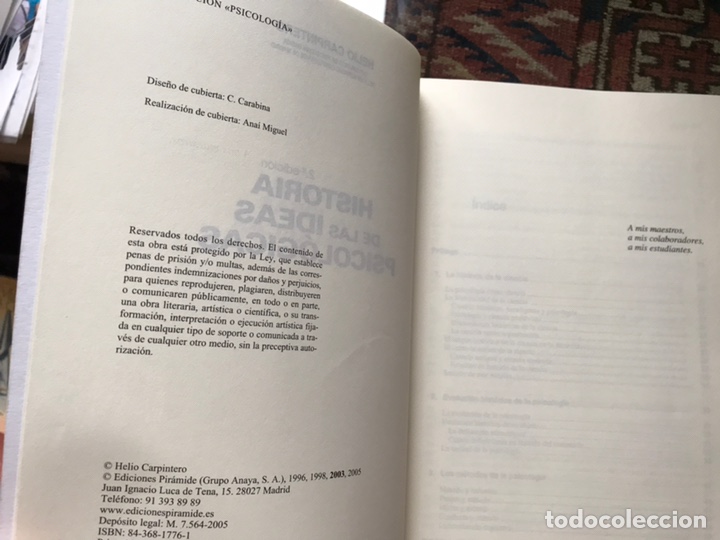Libros de segunda mano: Historia de las ideas psicol&oacute;gicas. Helio Carpintero. Dif&iacute;cil - Foto 3