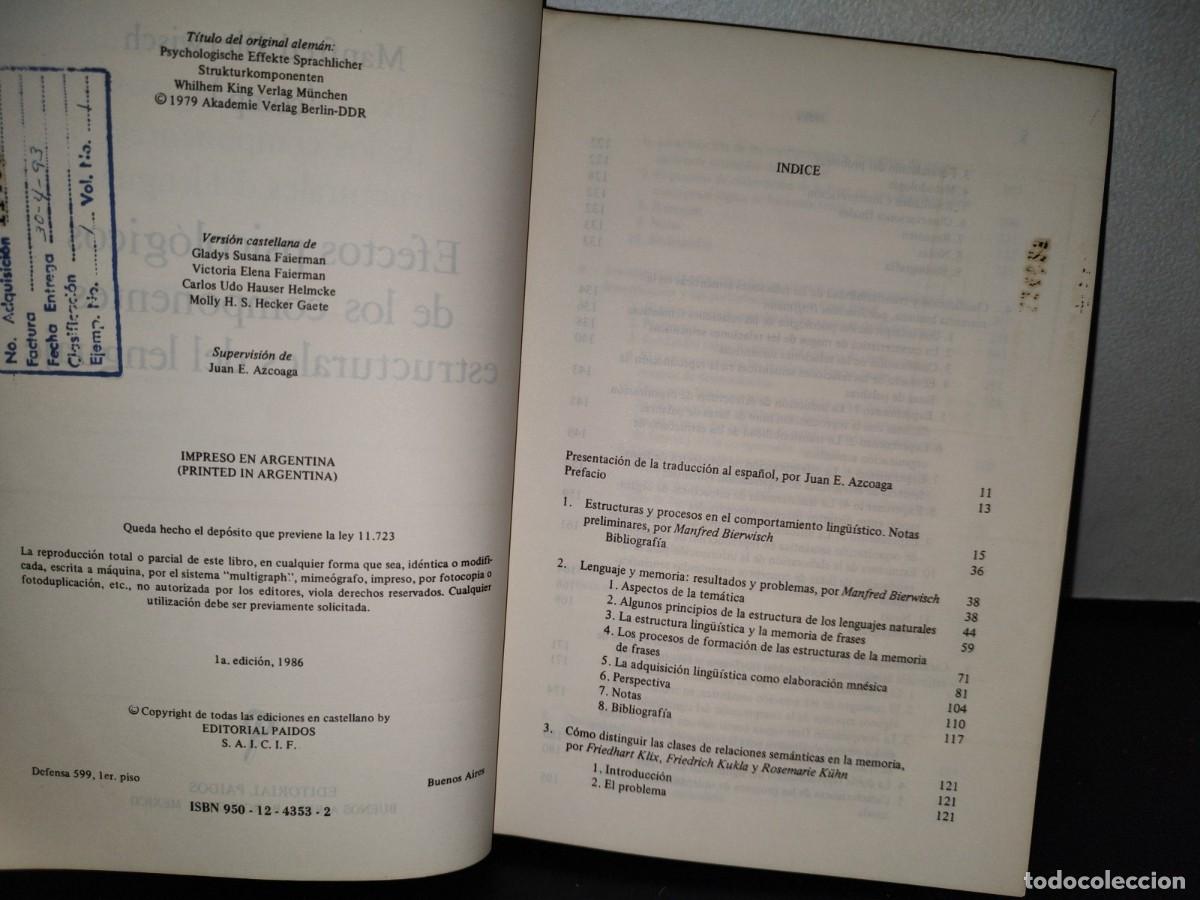 Libros de segunda mano: 55- EFECTOS PSICOL&Oacute;GICOS DE LOS COMPONENTES ESTRUCTURALES DEL LENGUAJE - M. BIERWISCH - Foto 5