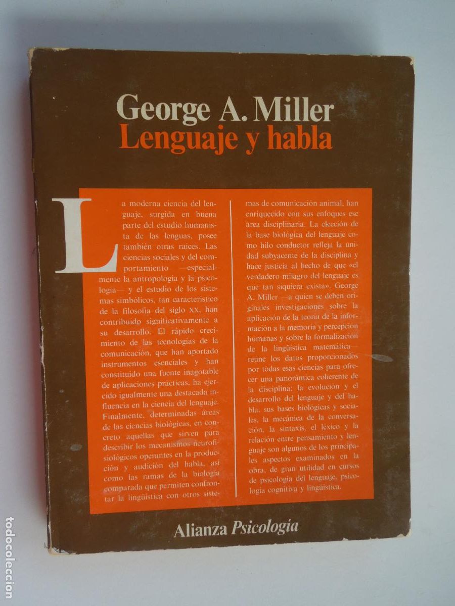 Libros de segunda mano: LENGUAJE Y HABLA - GEORGE A. MILLER - ALIANZA PSICOLOG&Iacute;A 1985.
