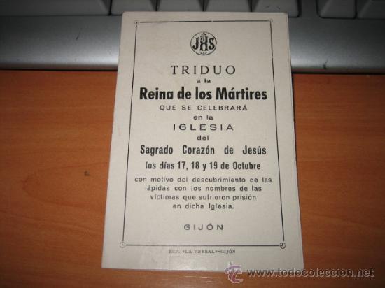 Libros de segunda mano: TRIDUO A  LA REINA DE LOS MARTIRES QUE SE CELEBRA EN LA IGLESIA DEL SAGRADO CORAZON DE JESUS