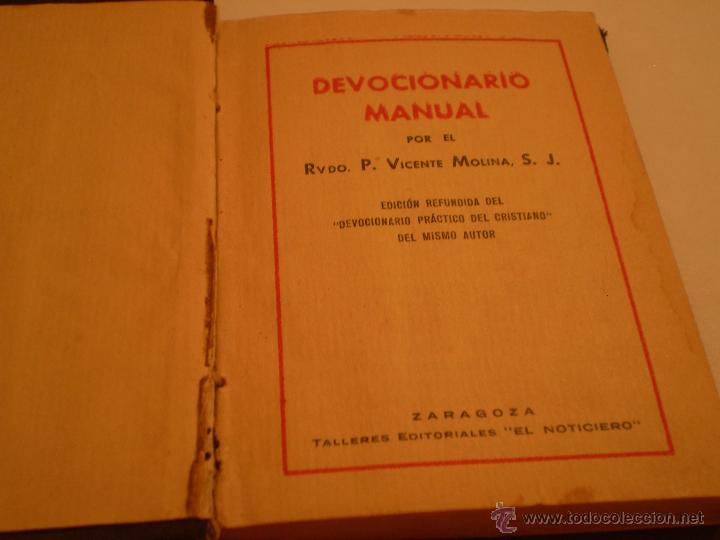 Libros de segunda mano: P.VICENTE MOLINA.DEVOCIONARIO MANUAL.ZARAGOZA.1938.