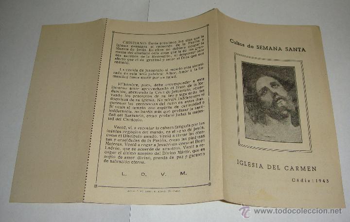 Libros de segunda mano: Cultos de Semana Santa. Iglesia del Carmen. C&aacute;diz . 1943