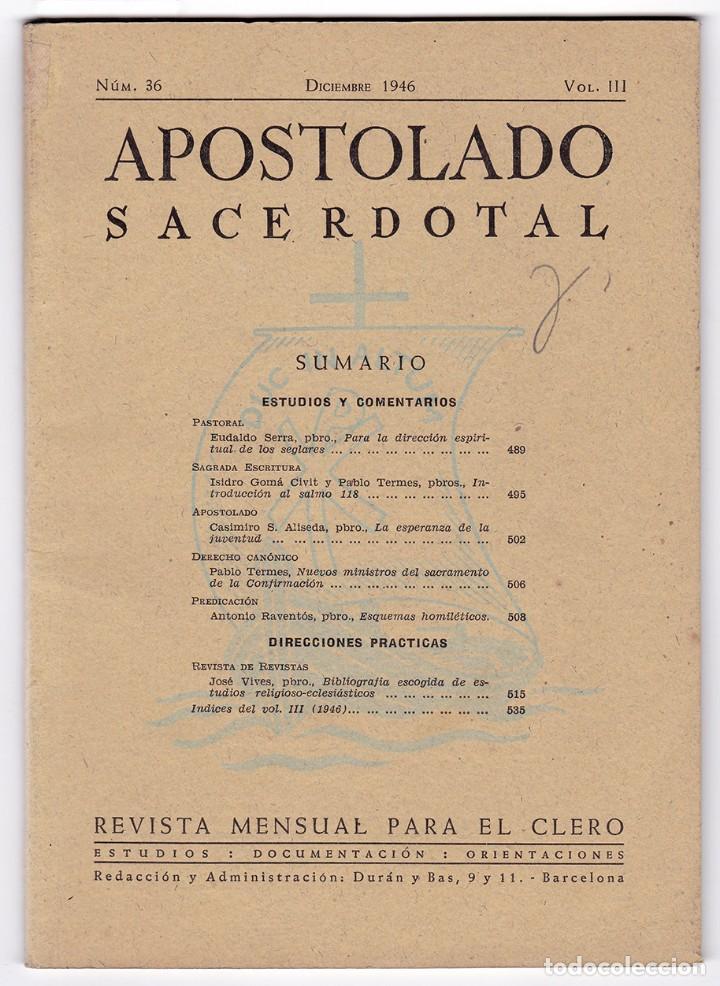 Libros de segunda mano: Apostolado sacerdotal. Revista mensual para el clero, 36. Vol. III. Barcelona, 1946.