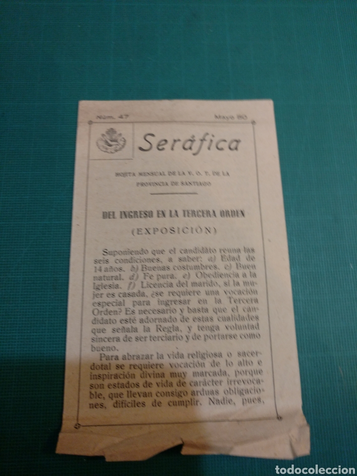 Second hand books: SER&Aacute;FICA .HOJITA MENSUAL DE LA V.O.T. DE LA PROVIDENCIA DE SANTIAGO . INGRESO EN LA 3 ORDEN