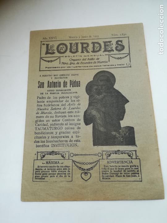 Livres d'occasion: BOLETIN MENSUAL. LOURDES. A&Ntilde;O XXVI. MURCIA. JUNIO 1933. N&ordm; 1830. PORTADA SAN ANTONIO DE PADUA