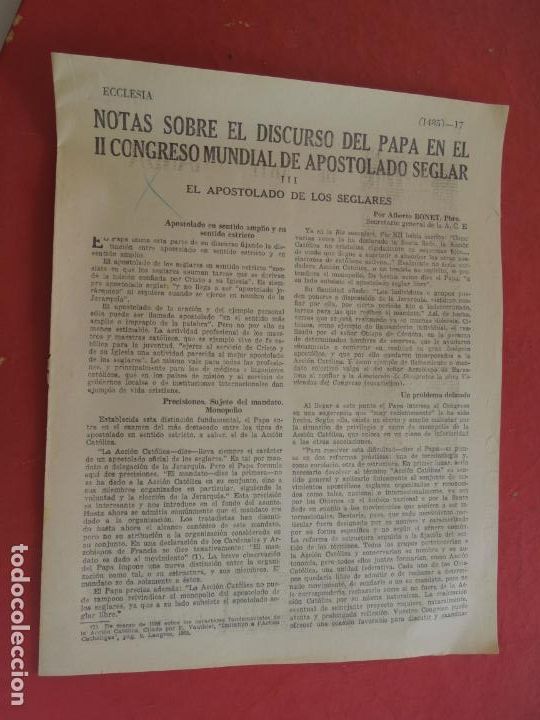Gebrauchte B&uuml;cher: NOTAS SOBRE EL DISCURSO DEL PAPA EN EL II CONGRESO MUNDIAL DE APOSTOLADO SEGLAR -ALBERTO BONET-195..