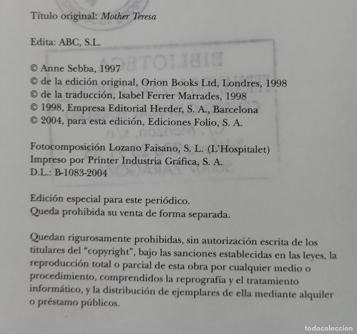 Libros de segunda mano: TERESA DE CALCUTA / ANNE SEBBA. 2004. - Foto 5