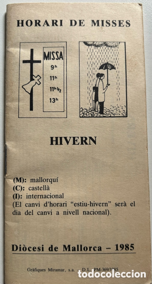 Libros de segunda mano: Folleto horario de misas invierno y verano. DIOCESIS Mallorca 1985 - En Catal&aacute;n de Mallorca
