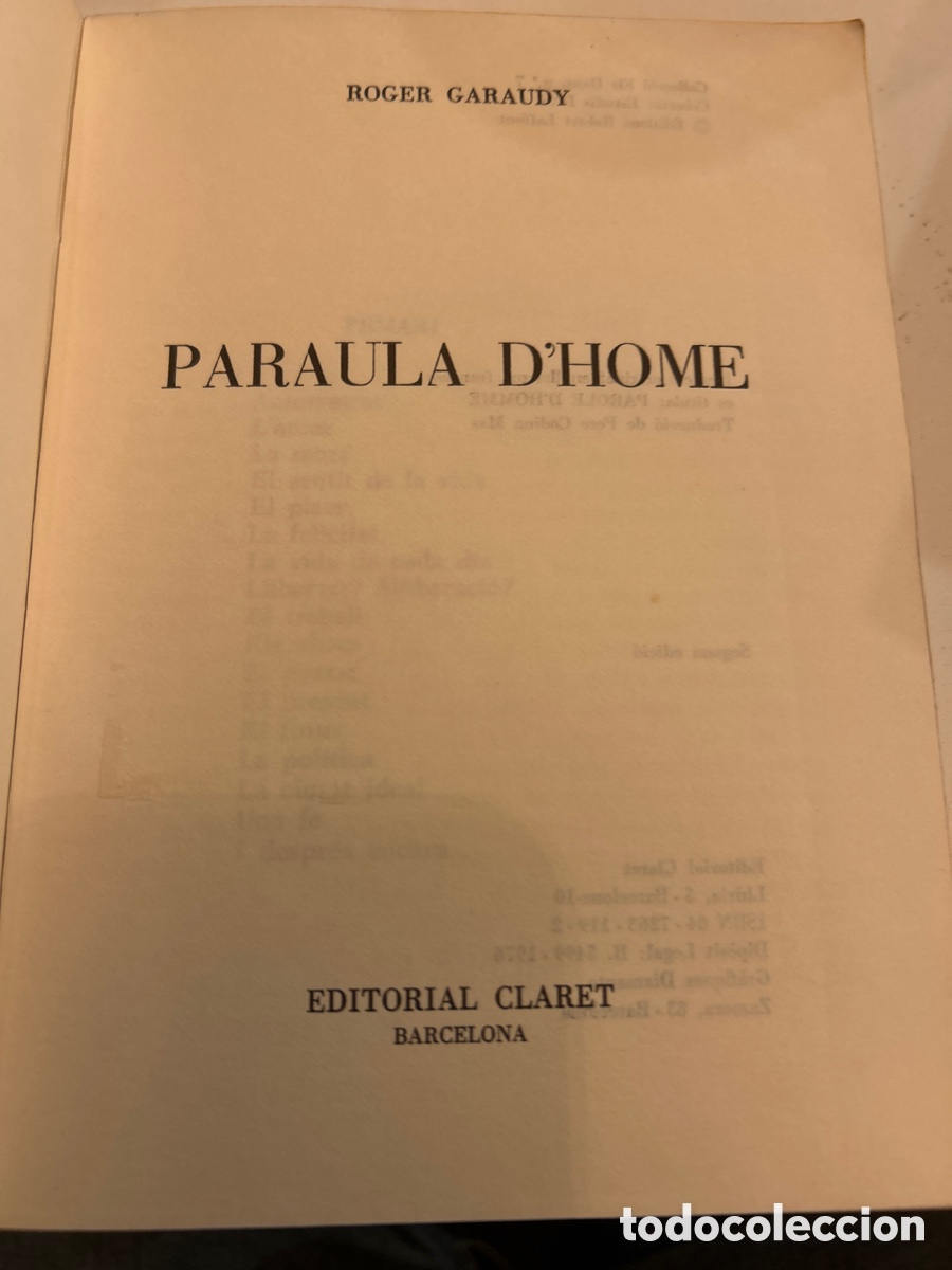 Libros de segunda mano: Paraula d&rsquo;home per Roger Garaudy. C4 - Foto 2