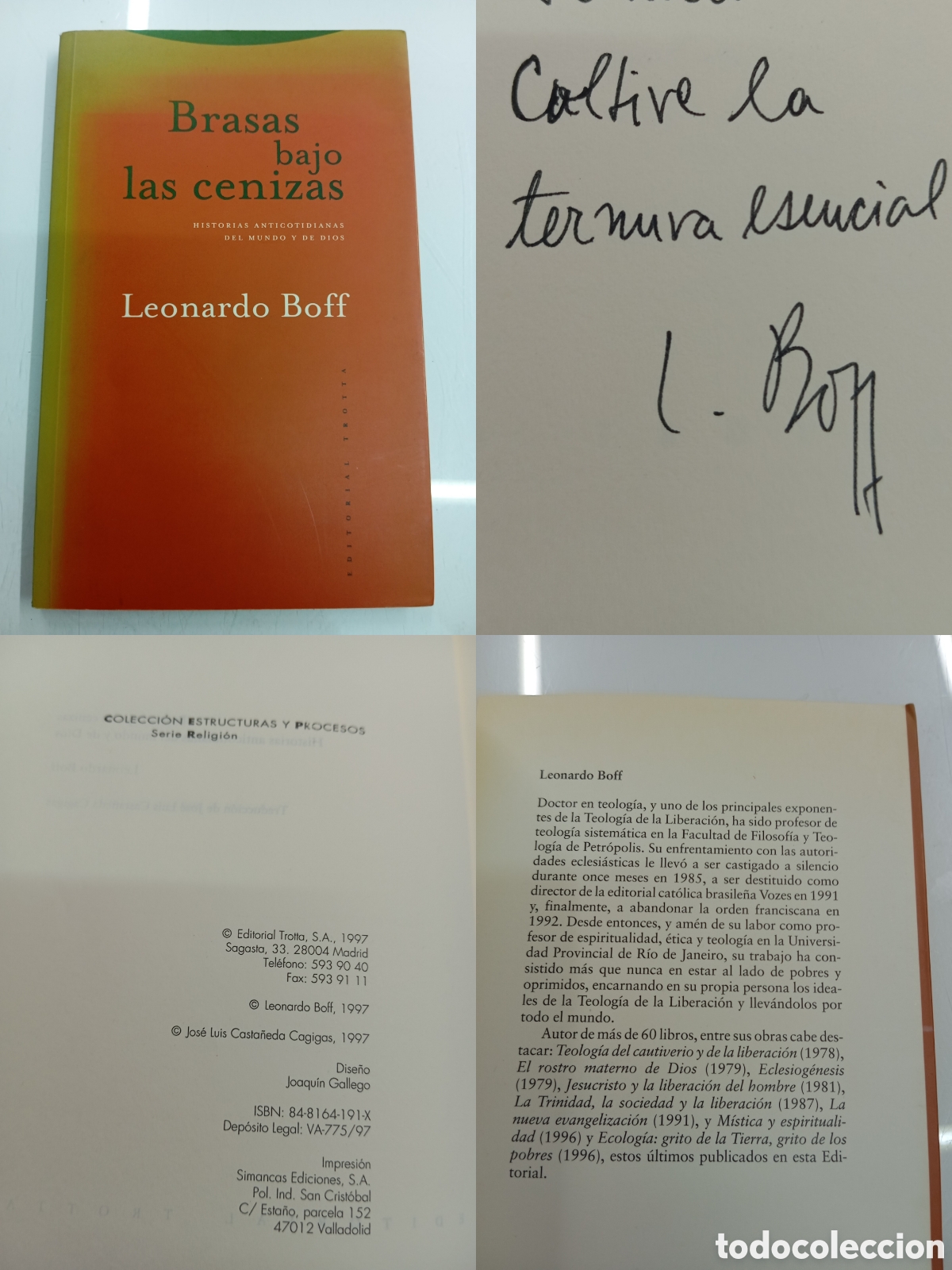 Libros de segunda mano: BRASAS BAJO LAS CENIZAS LEONARDO BOFF FIRMADO Y DEDICADO POR AUTOR TEOLOGIA LIBERACION TROTTA 1997