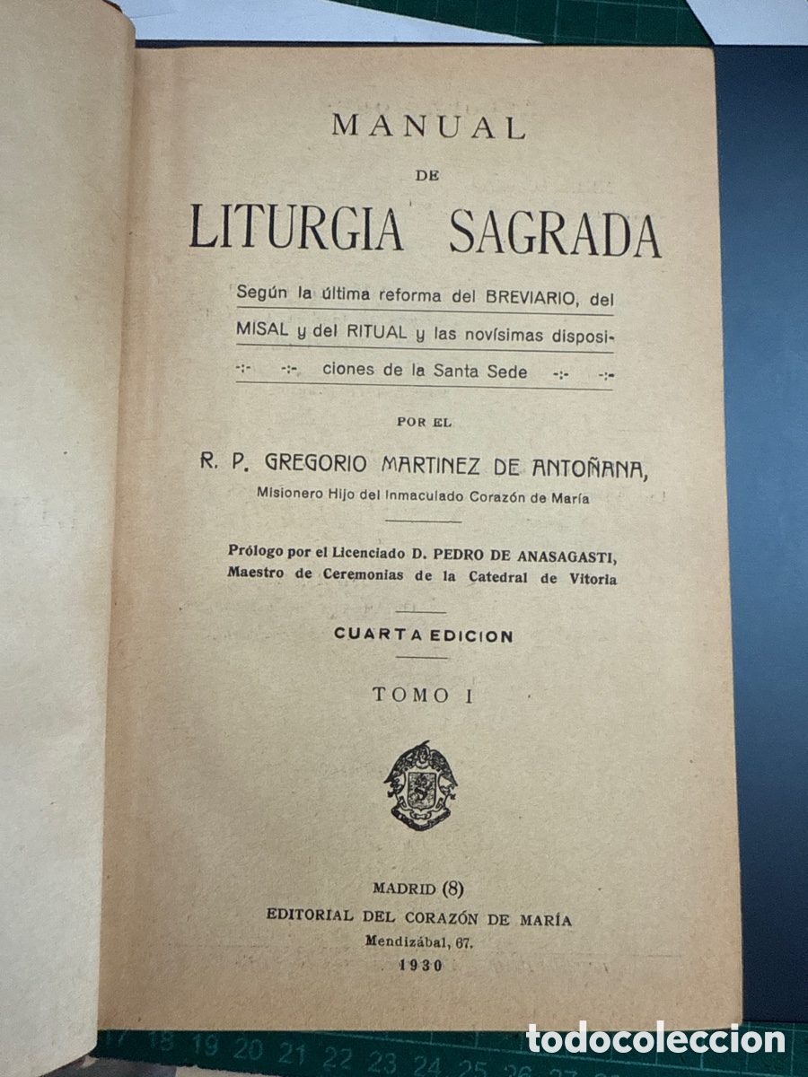 Livros em segunda m&atilde;o: MART&Iacute;NEZ DE ANTO&Ntilde;ANA, Gregorio Manual de liturgia sagrada. Tomo I