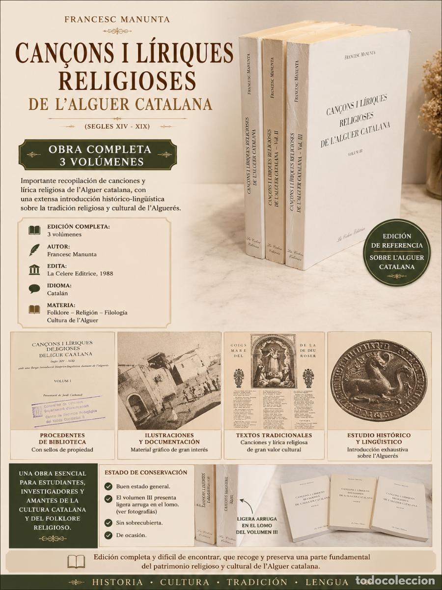 Libros de segunda mano: CAN&Ccedil;ONS I L&Iacute;RIQUES RELIGIOSES DE L'ALGUER CATALANA / 3 VOL&Uacute;MENES / FRANCESC MANUNTA