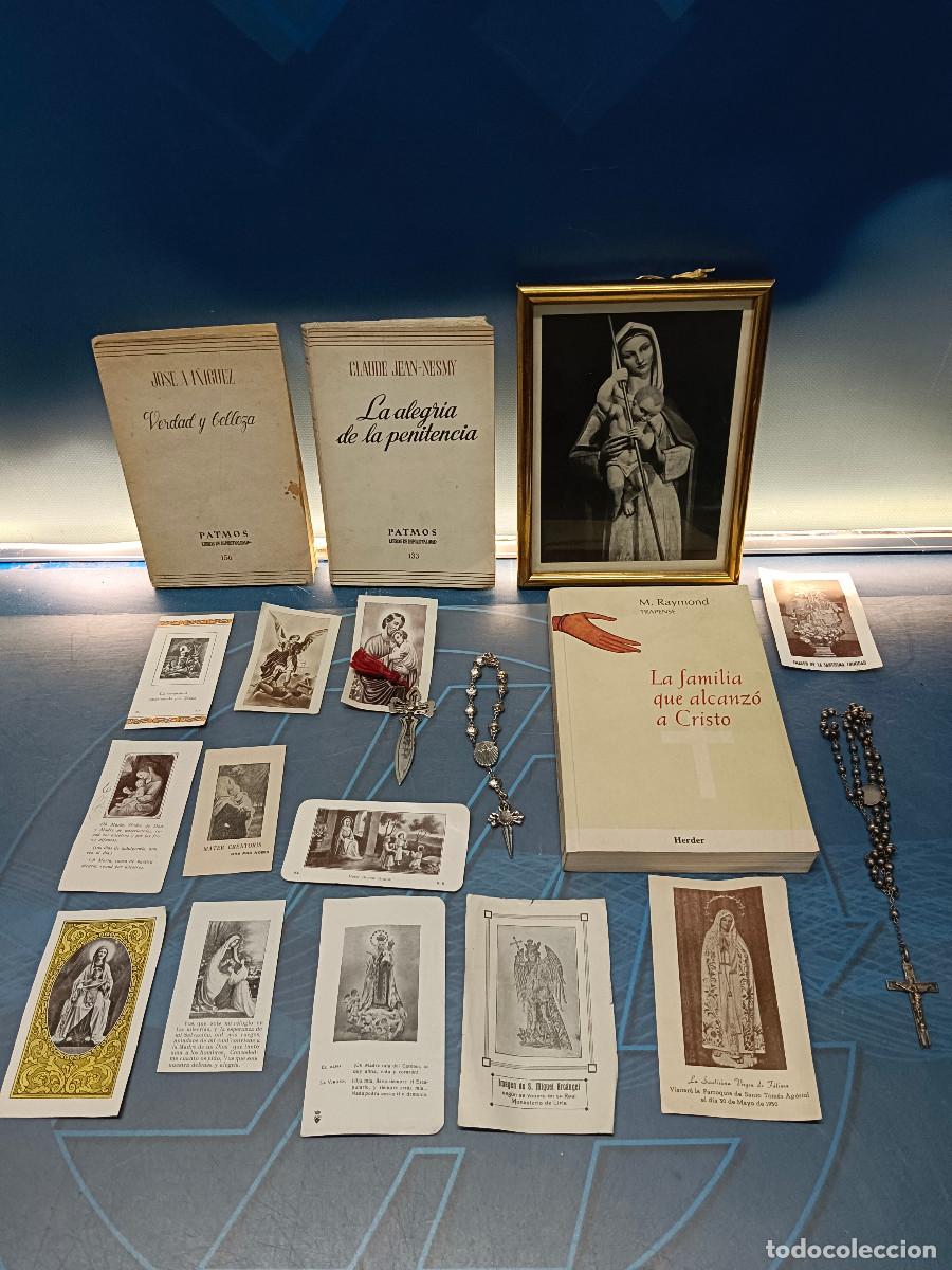 Libros de segunda mano: Lote Material religioso, Rosario + 12 pasquines, marca paginas + libros de espiritualidad y cuadro
