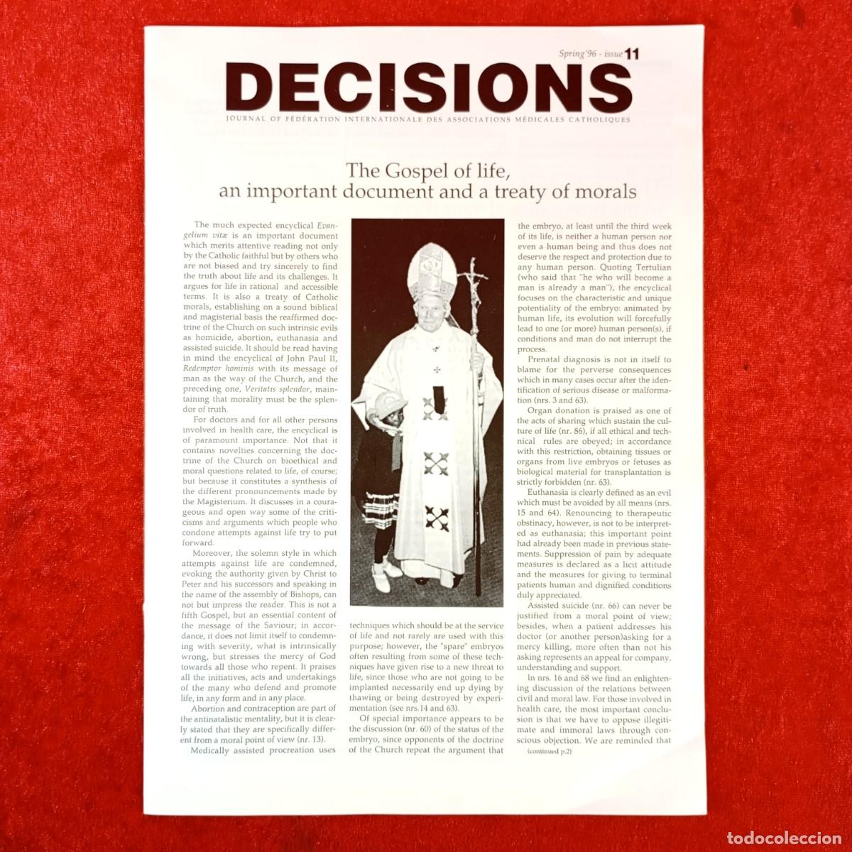 Libros de segunda mano: DECISIONS - JOURNAL OF F&Eacute;D&Eacute;RATION INTERNATIONALE DES ASSOCIATIONS M&Eacute;DICALES CATHOLIQUES / 301