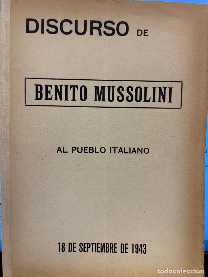 Second hand books: DISCURSO DE BENITO MUSSOLINI AL PUEBLO ITALIANO. 18 de septiembre de 1943. II GUERRA MUNDIAL.