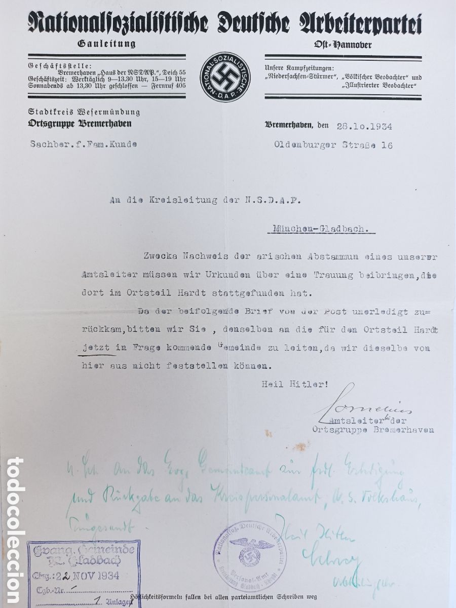 Gebrauchte B&uuml;cher: Nachweis der arischen Abstammung NSDAP ORTSGRUPPE Bremerhaven esvastica Adolf Hitler WWII